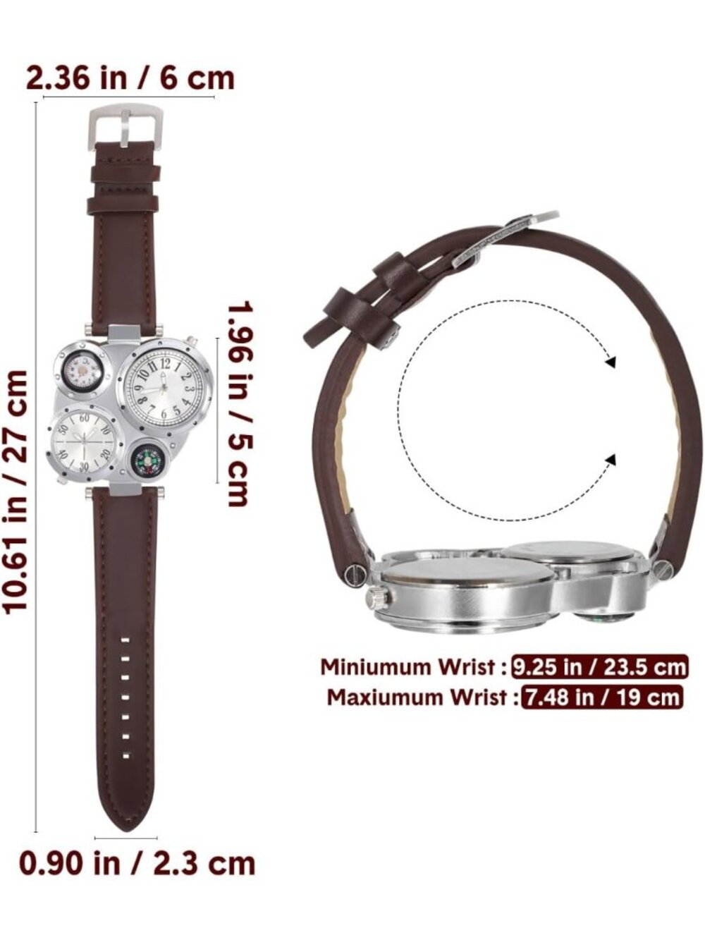 Mens Big Face Watches Strap Dual Time Zone Display with Thermometer Compass